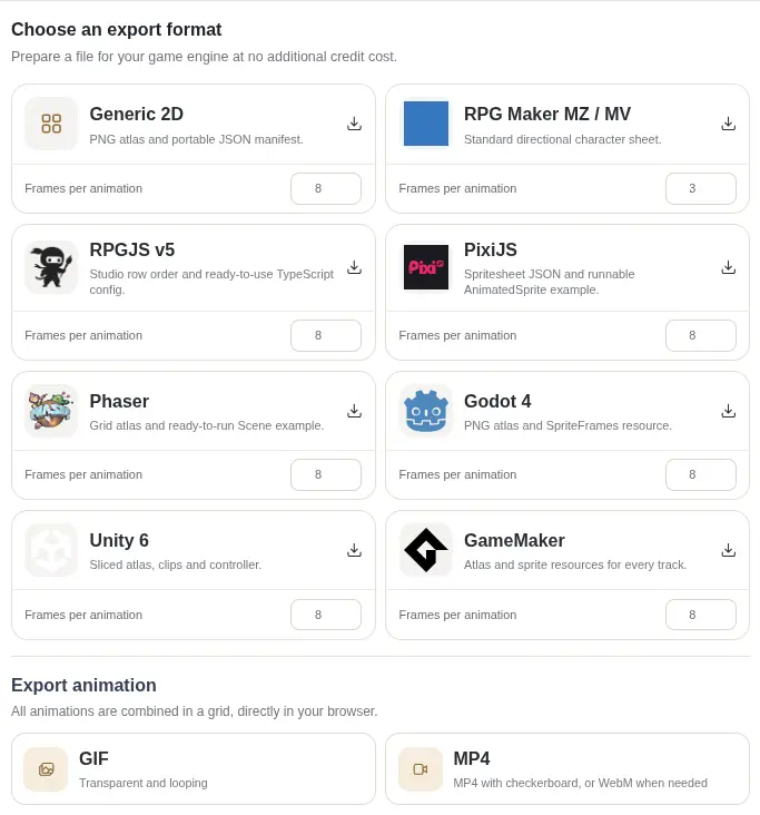 Spritesheet AI export dialog showing formats for RPG Maker, Godot, Unity, RPGJS, Phaser, PixiJS, and GameMaker