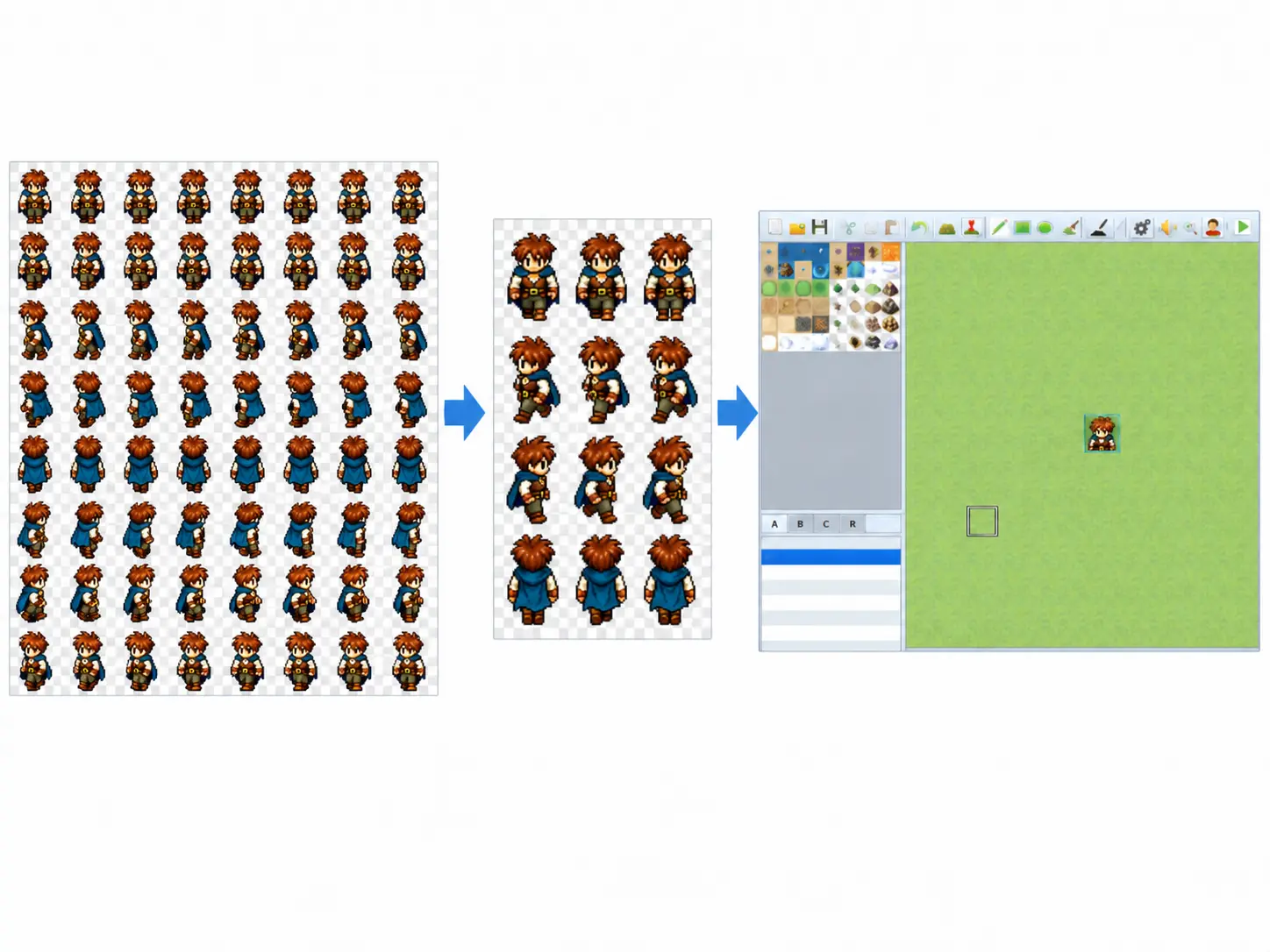 A detailed eight-frame character atlas converted into a three-frame, four-direction RPG Maker sheet and displayed in RPG Maker MV