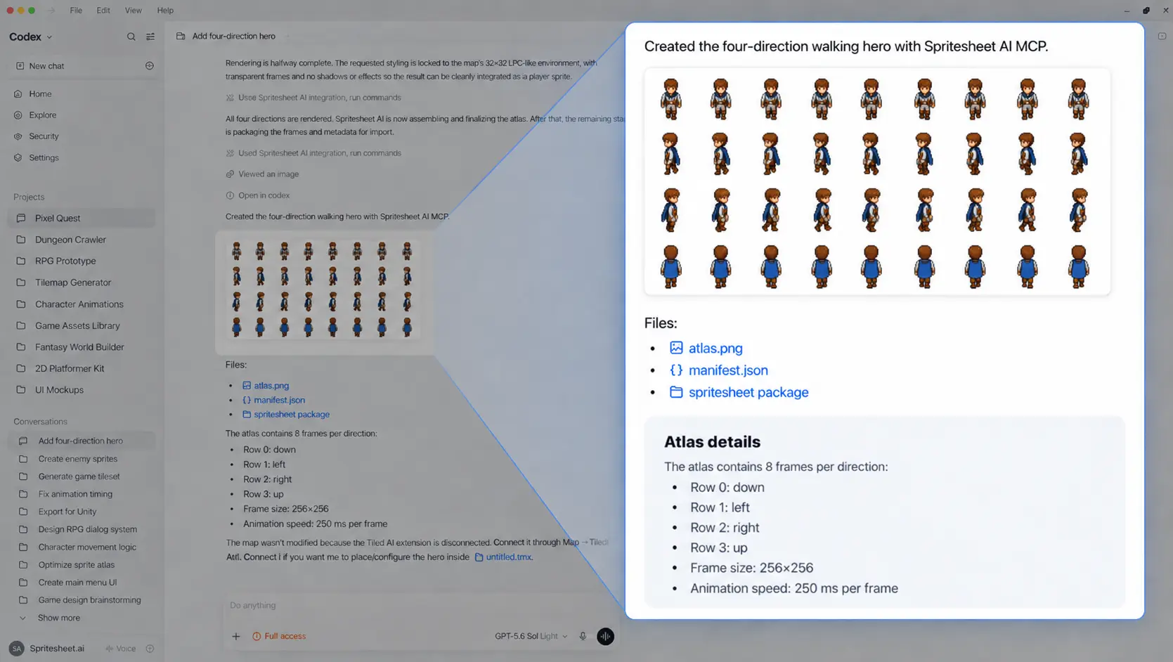 Codex using the Spritesheet AI MCP to create a four-direction walking character and return its atlas and manifest
