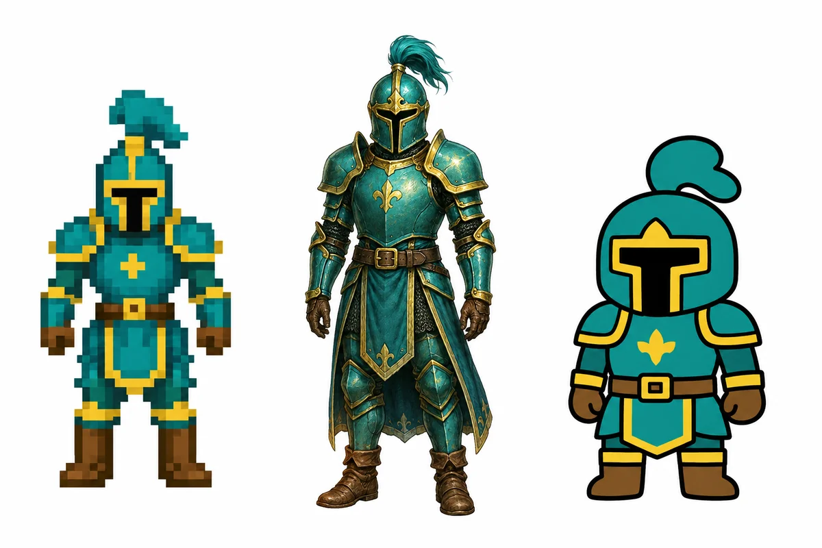 Three contrasting knight concepts: chunky low-resolution pixel art, detailed painted armor, and a simple bold-outline cartoon