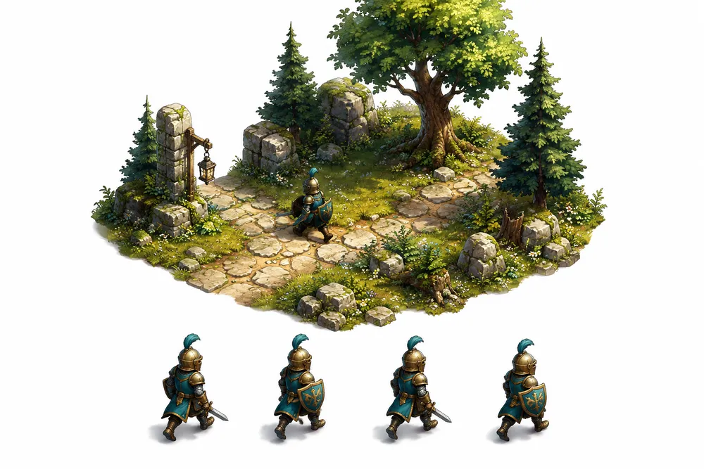 Illustration of a character asset moving from a spritesheet into a game scene