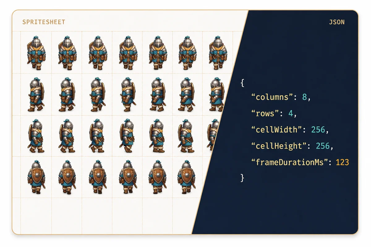 Diagonal split showing the knight spritesheet and its metadata: 8 columns, 4 rows, 256 by 256 pixel cells and 123 milliseconds per frame